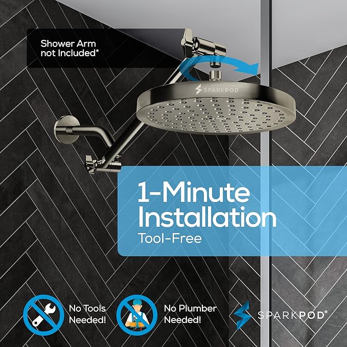 SparkPod Shower Head - High Pressure Rain - Premium Quality Luxury Design - 1-Min Install - Easy Clean Adjustable Replacement for Your Bathroom Shower Heads (Elegant Brushed Nickel, 8 Inch Round)