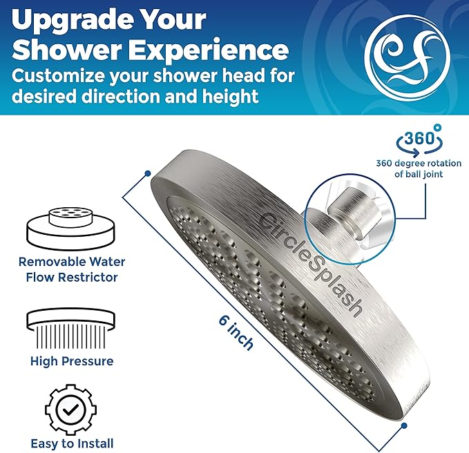 High Pressure Shower Head - Anti-Clogging Silicone Nozzles - 2.5 GPM Removable Restrictor - Easy to Clean Adjustable Replacement - easy to install with Plumbers Tape - 6 inch - Brushed Nickel Finish