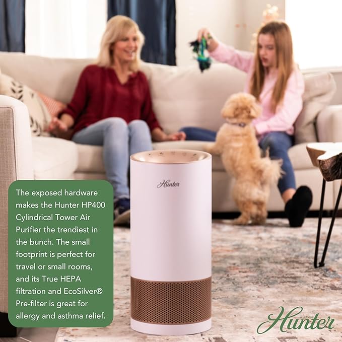 Hunter HP400 Round Air Purifiers for Home, True HEPA Air Purifier Tower for Pets, Odors, Allergens, Smoke, Dust, VOC's. HEPA Air Purifiers for Bedroom and Small Room. Black and Silver