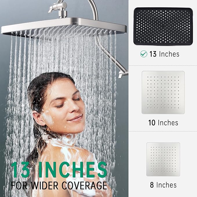 13 Inch Rainfall Shower Head with Multi-Function Handheld Sprayer Combo, 3-Way Metal Extended Diverter with Holder and Metal Adjustable Curved Shower Extension Arm, Extra Long Hose Brushed Nickel