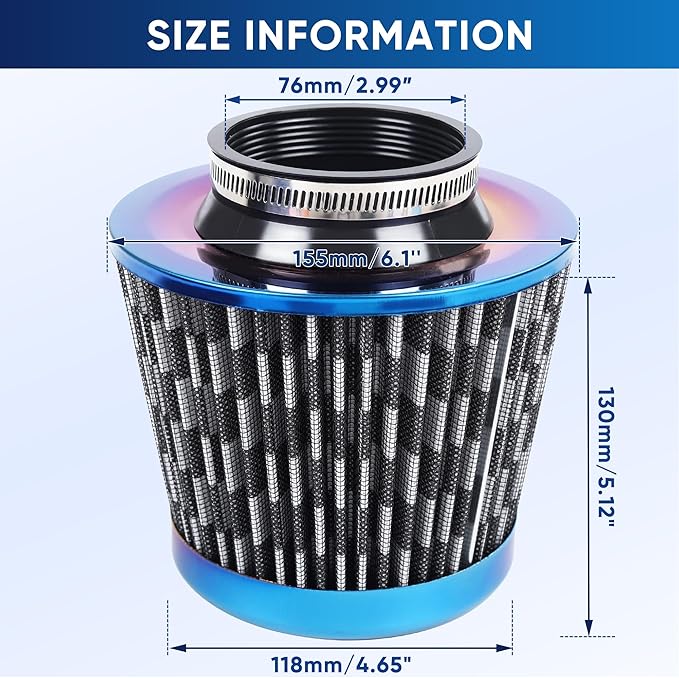 Universal Cold Air Intake Filter Clamp-On Replacement Air Filter Flange Diameter 3 inches/76mm High Performance Washable Filter Carbon Fiber Pattern