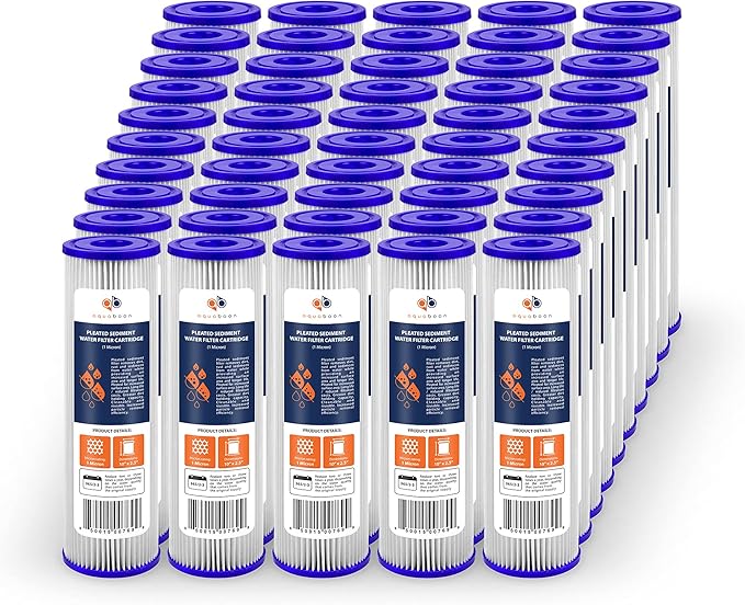 Aquaboon 1 Micron Pleated Water Filter 10 x 2.5 - Whole House Sediment Filter Replacement Cartridge Compatible with WFPFC3002, WHKF-WHPL, 50-Pack