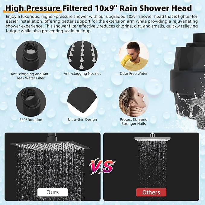 Hibbent All Metal 10'' Filtered Rainfall Shower Head with Handheld Combo, High Pressure Shower Wand, 16'' Adjustable Extension Arm, 20 Stage Shower Filter, 71'' Hose, Shower Holder, Matte Black