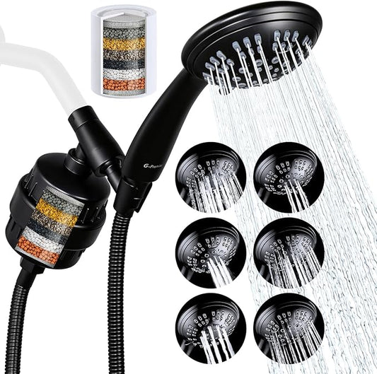 G-Promise Luxury Filtered Handheld Shower Head, 6 setting with Effective Filter of 2 Cartridges, Adjustable Metal Bracket, Extra Long Hose (Matte Black)