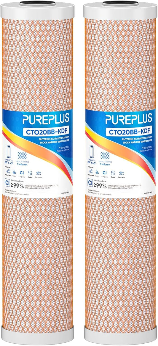PUREPLUS 5 Micron 20" x 4.5" Whole House Coconut Shell Activated Carbon and KDF Water Filter, Heavy Metal Removal Replacement Water Filter, CTO20BB-KDF, 2 PACK