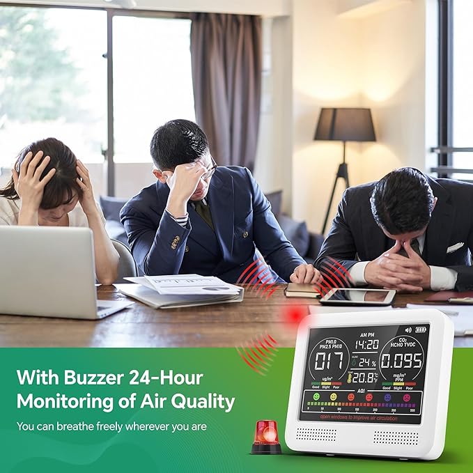 16-in-1 Air Quality Monitor Indoor with 7AQI Beep Alarm, CO2 Monitor, Air Quality Detector with PM1.0 | PM2.5 | PM10 | Temp | HUM | Formaldehyde | VOC Tester for Home Office Plant (White)