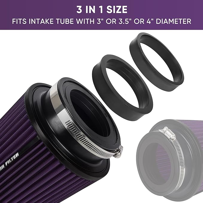 4 Inches Cold Air Intake Filter 3" or 3.5" or 4" High Performance Washable Clamp-On Replacement Cone Air Filter 3 in 1 Size Purple
