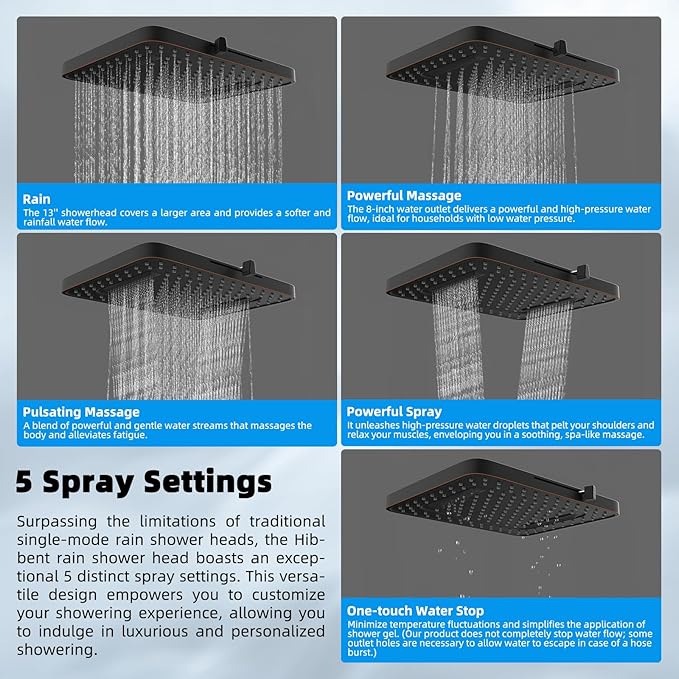 Hibbent 5-spray 13'' Shower Head, High Pressure Rainfall Shower Head, Dual Showerhead Combo with 10-mode Handheld Spray, 12'' Adjustable Extension Arm, 71'' Hose, Showerhead Holder, Oil Rubbed Bronze