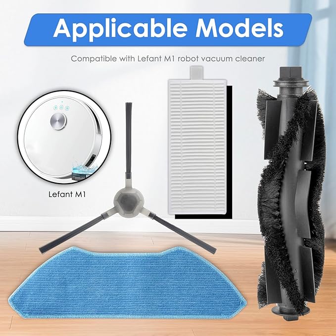 (7 Pack) M1 Replacement Parts Compatible with Lefant M1 Robot Vacuum Cleaner, 1 Roller Brush, 2 Side Brushes, 2 HEPA Filters, 2 Mop Pads, Accessories Kit