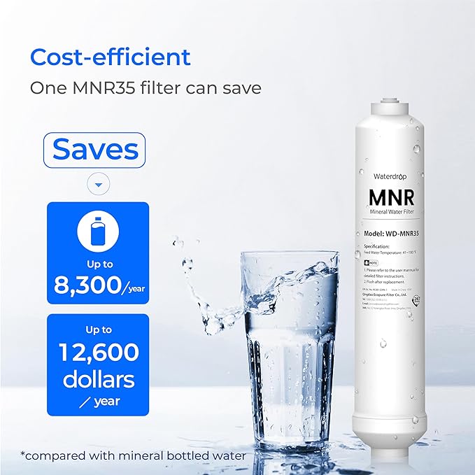 Waterdrop Remineralization Filter WD-MNR35, 1/4" Quick Connect Mineral Filter for Reverse Osmosis System, Restore Essential Minerals for RO System, RO Mineral, Under Sink Water Filtration