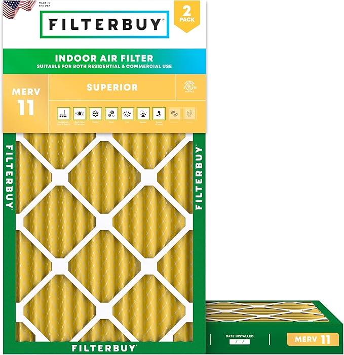 Filterbuy 14x25x2 Air Filter MERV 11 (MPR 1200) Allergen Defense Replacement (2-Pack), Electrostatic Pleated HVAC AC Furnace Filters, Made in USA (Actual Size: 13.50 x 24.50 x 1.75)