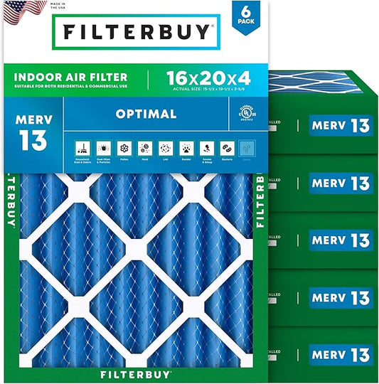 Filterbuy 16x20x4 Air Filter MERV 13 (MPR 1900) Health Defense Replacement (6-Pack), Electrostatic Pleated HVAC AC Furnace Filters, Made in USA (Actual Size: 15.50 x 19.50 x 3.63)