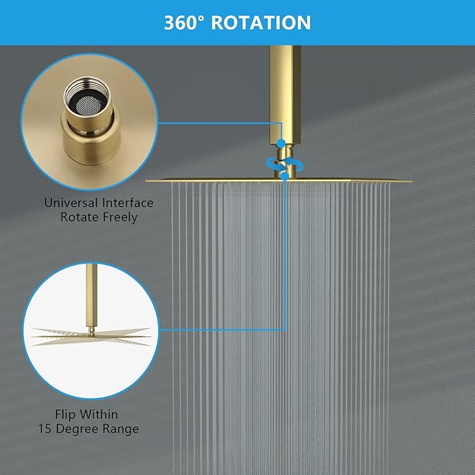 Lordear Rainfall Shower Head 10 Inch Gold Rain Shower Head Square Solid Ultra Thin 304 Stainless Steel Fixed Rainshower Head with Self Cleaning Nozzles