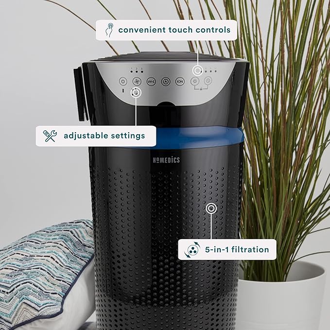 Homedics 5-in-1 UV-C Air Purifier - 360-Degree HEPA Filter for 1,659 Sq Ft, Extra Large Air Purifiers for Bedroom and Home, Essential Oil Pads, Built-In Timer, 5 Speed Settings for Large Rooms, Black