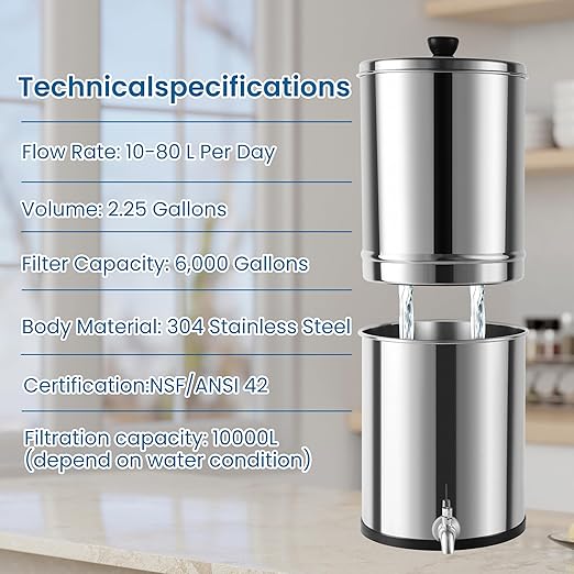 304 Stainless Steel Water Filter with Stand, Gravity Fed Water Filtration System, 2.25 Gallon Capacity with 2 Black Carbon Cartridges, Countertop Purifier for Home, Camping, Emergency Use