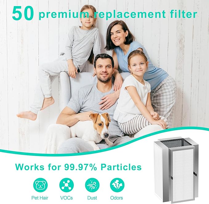 2 Pack 50 Air Filter Replacement Compatible with 50 Air Purifier, 3 in 1 Filtration with Pre-filter, True HEPA H13 and Activated Carbon Filter for Home
