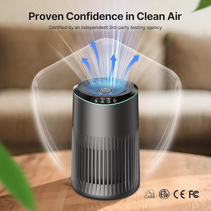 Air Purifiers for Bedroom Home, Air Purifier for Smoke Odors with Fragrance Sponge, Small Air Purifier with Sleep Mode for Bedroom Office, Blue Night Light, Grey, 1 Pack+3 Modes