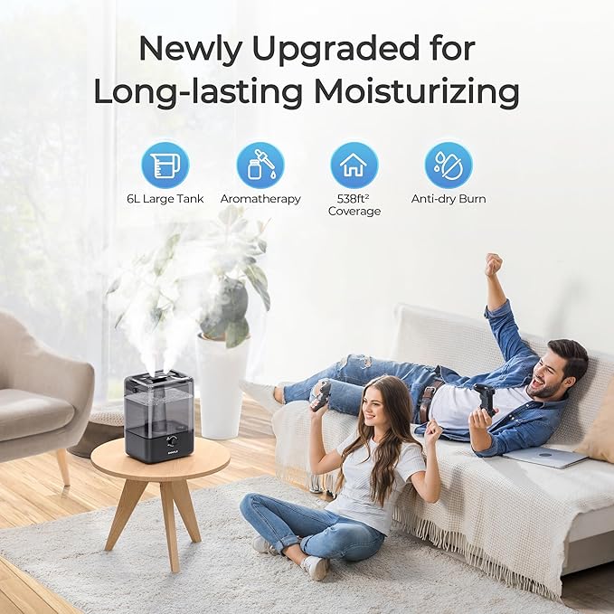 CHIVALZ Humidifiers for Bedroom, 6L Cool Mist Humidifiers for Baby Nursery, 26dB Quiet, 50H Runtime, Top Fill Humidifier for Large Room, Home, Plants, Nightlight, Oil Diffuser 1 Pack Black