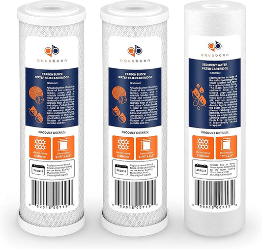 Aquaboon 5 Micron 10 x 2.5 House Water Filters Cartridges Set of 3 | Sediment & Carbon Filter Replacements Compatible with WHKF-WHWC, P5, WHKF-GD05