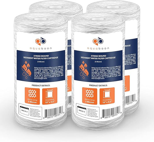 Aquaboon 5 Micron Water Filter 10 x 4.5 inch - String Wound Water Filter for Whole House System - Compatible with 84637, WPX5BB97P, PC10, 355214-45, 355215-45, WP10BB97P, WP5BB97P (4 Pack)