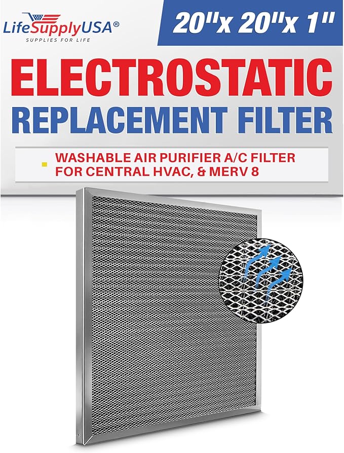 20x20x1 Electrostatic Air Filter, MERV 8, Washable, Reusable Furnace AC/HVAC Filter, Energy Saving, Easy to Clean, Long-Lasting by LifeSupplyUSA