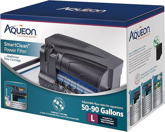 Aqueon SmartClean Power Filter with EcoRenew Filter Cartridge, Quick and Easy Water Changes, Quiet Operation, Adjustable Flow, for 50-90 Gallon Freshwater and Saltwater Aquariums, Large