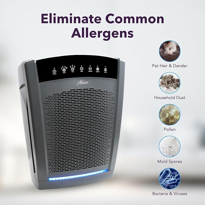 Hunter HP850 Air Purifiers for Home Large Room and Bedroom. True HEPA Air Purifier for Pets, Odors, Allergens, Smoke, Dust. 4 Fan Speeds, Quiet Sleep Mode, UV Mode. Filters 2585 Ft² per hour. Graphite