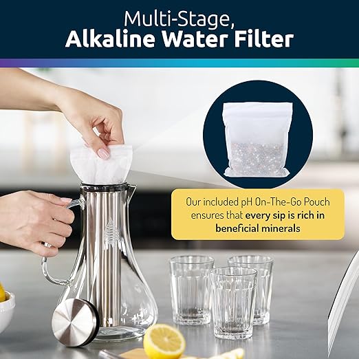 Invigorated Water - Alkaline Glass Water Filter Pitcher, High pH Purifier with 1 Alkalizer Filter Pouch (400-Liter Capacity), 7.5-Cup (1.8 Liter) for Drinking Water