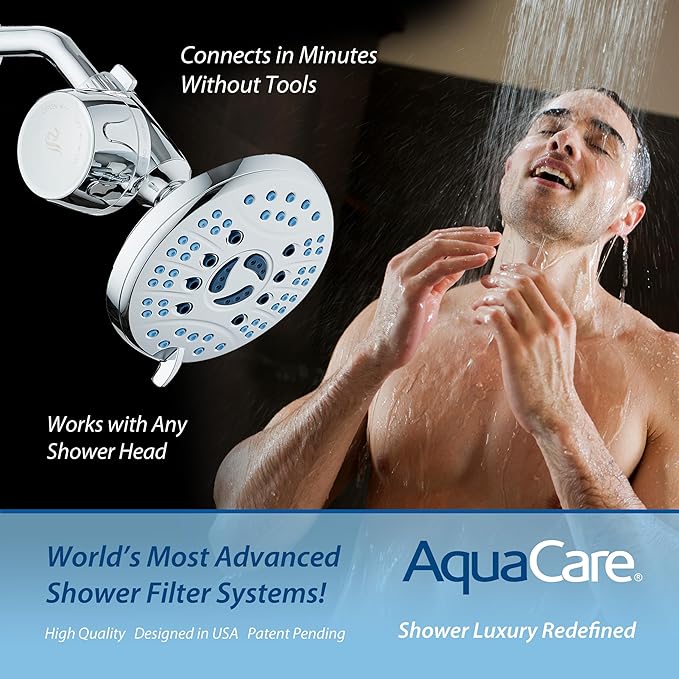 AquaCare Skin & Hair - World's Most Advanced Shower Filter for Fixed or Handheld Shower Heads with ON/OFF Filtration Modes, Instant Cartridge Reload & Stay-Clean Enriched KDF Cartridge/Chrome Finish