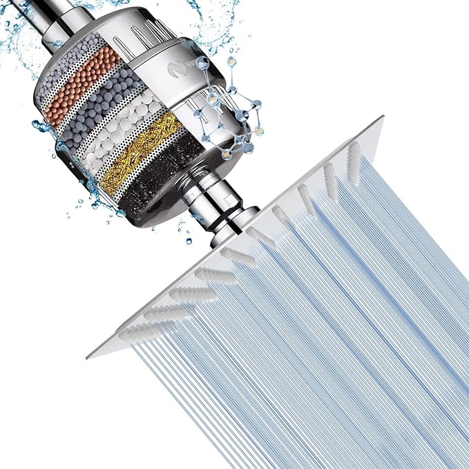 NearMoon Square Shower Head and 15 Stage Shower Filter Combo, High Pressure Filtered Head for Hard Water, Improves the Condition of Your Skin, Hair (Chrome Finish)