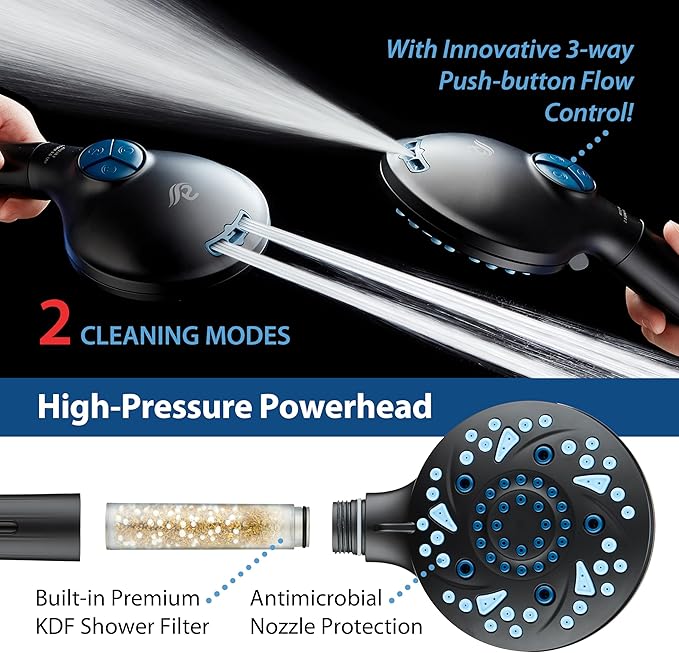 AquaCare High Pressure 6-way Dual Shower Head Combo with Built-in Filter & Power Wash - Clean Tub, Tile & Pets. Remove Chlorine, Lead & Toxins from Water to Protect Skin, Hair, & Nails. Matte Black