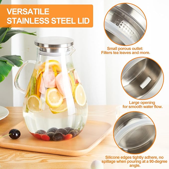 Glass Pitcher with Lid,1 Gallon Glass Water Pitcher Hot/Cold Water Jug, 128oz Juice and Iced Tea Beverage Carafe with Lid (Extra-Wide Mouth)