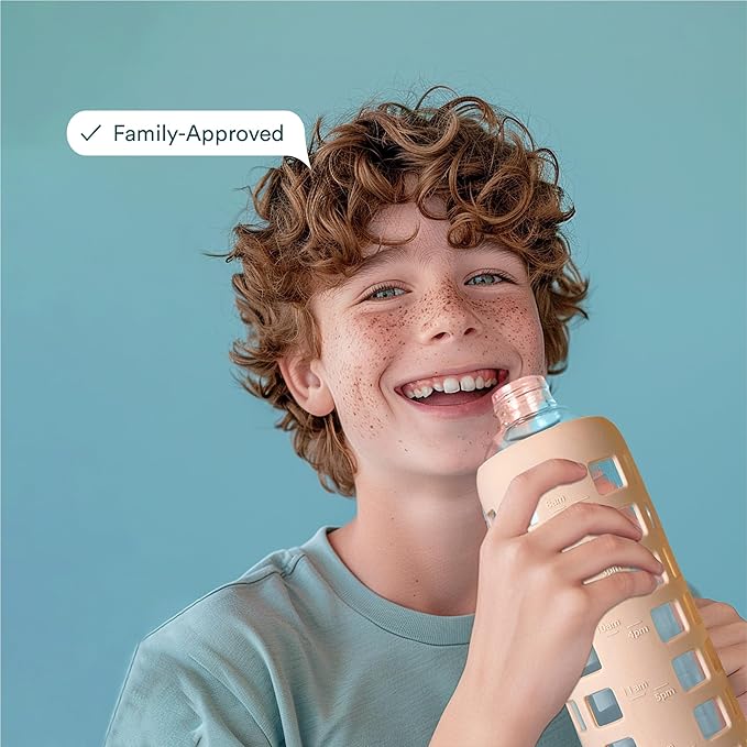 purifyou 40oz / 32oz / 22oz / 12oz Borosilicate Glass Water Bottle with Time & Volume Markers, Silicone Sleeve, Stainless Steel Lid | Reusable Glass Bottle for Water & Juice (32oz Hazelnut)