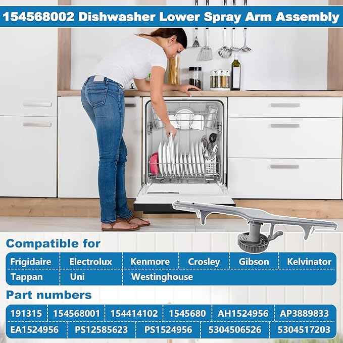 154568002 Dishwasher Lower Spray Arm Assembly with 5304518968 Support & 5304506518 Trap Drain Filter Replacement for Frigidaire Electrolux Kenmore Dishwasher 1545680 5304517203 154568001 154414101