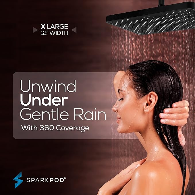 SparkPod 12 Inch Black Rain Shower Head - Ceiling or Wall Mount Rainfall Shower Head - Large Coverage Showerhead - Brass Ball Joint with 360° Adjustment - 1-Min Install (Midnight Black Matte)