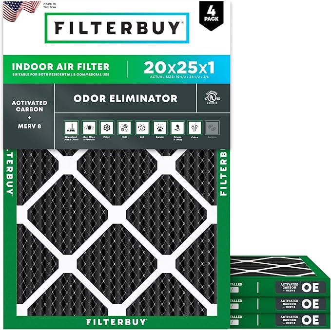 Filterbuy 20x25x1 Air Filter MERV 8 (MPR 700) Odor Eliminator Replacement (4-Pack), Electrostatic Pleated HVAC AC Furnace Filters w/Activated Carbon, Made in USA (Actual Size: 19.50 x 24.50 x 0.75)