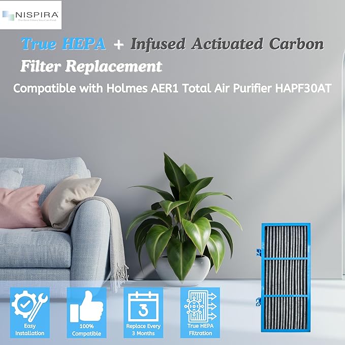 Nispira AER1 Filter Replacement for Holmes Air Purifier HAPF30AT HAP242-NUC, True HEPA Carbon Infused Odors Dust VOCs Remover, 2 Packs 1.2 x 10 x 4.6 Inches