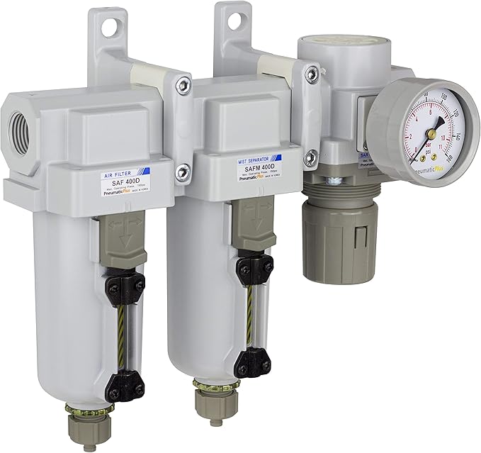 PneumaticPlus SAU430-N04G-MEP 3 Stage Compressed Air Filter Dryer System - Particulate Air Filter, Coalescing Air Filter, Compressed Air Pressure Regulator Combo, 1/2" NPT - Metal Bowl, Manual Drain