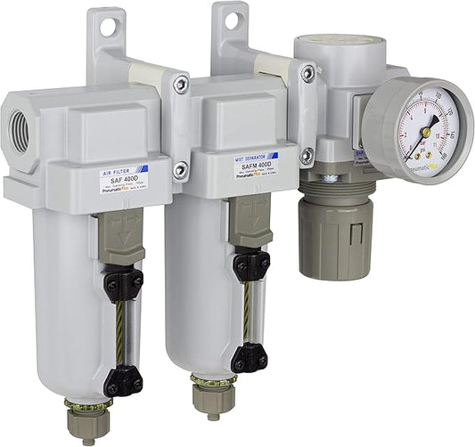 PneumaticPlus SAU430-N04G-MEP 3 Stage Compressed Air Filter Dryer System - Particulate Air Filter, Coalescing Air Filter, Compressed Air Pressure Regulator Combo, 1/2" NPT - Metal Bowl, Manual Drain
