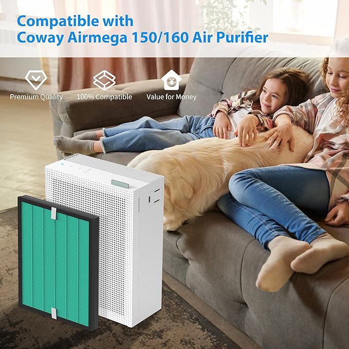 Airmega 150 Filter Replacement Compatible with Coway Airmega 150 (AP-1019C) & Airmega 160 Air Purifiers, Green True HEPA and Enhanced Activated Carbon Filter, Part＃AP-1019C-FP Upgraded Version 2 Pack