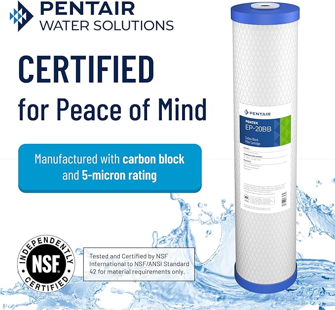 Pentair Pentek EP-20BB Big Blue Carbon Water Filter, 20-Inch, Whole House Carbon Block Replacement Cartridge with Bonded Powdered Activated Carbon (PAC) Filter, 20" x 4.5", 5 Micron, Pack of 4