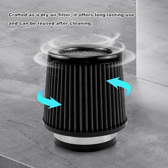 RULLINE 76mm 89mm 102mm Air Filter 3" 3.5" 4" Cold Air Intake Universal Clamp-On Air Filter Three Different Size High Flow Round Tapered Cone Cool Cleaner Black