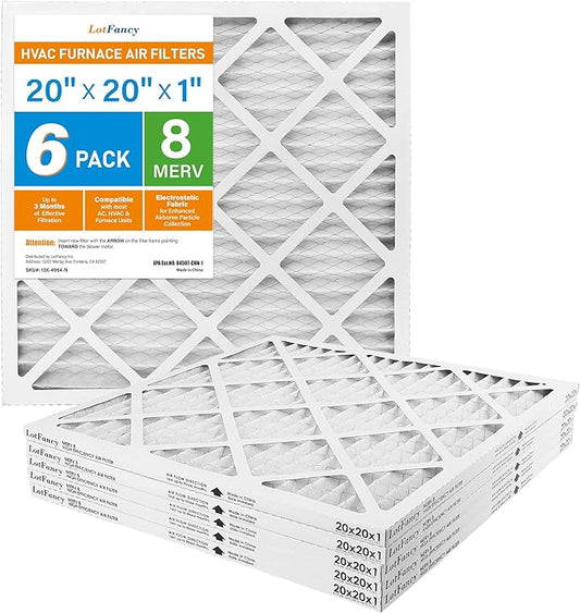 LotFancy 20x20x1 Air Filter, 6 Pack MERV 8 Pleated Furnace Air Filters Replacement for HVAC (Actual Size: 19.75"x19.75"x0.75")