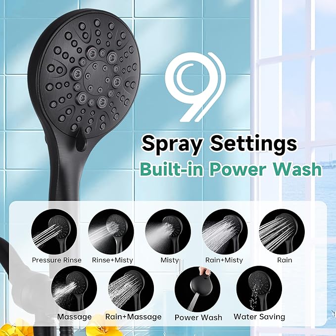 BRIGHT SHOWERS High Pressure Shower Head with Handheld, 9 Spray Settings Showerhead Built in Power Wash to Clean Tub and Pets, Extra Long 69" Hose, Adjustable Bracket, Oil-Rubbed Bronze