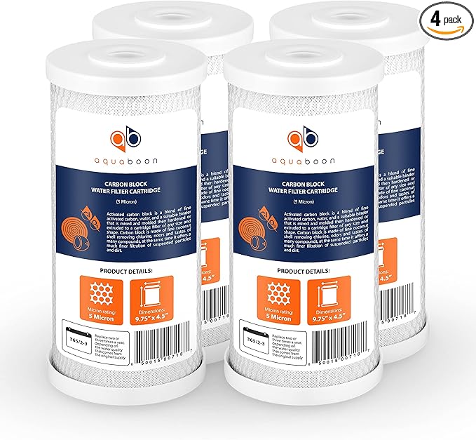 Aquaboon 5 Micron 10x4.5 Carbon Block Water Filters Whole House CTO Water Filter Replacement Cartridge Compatible with FXHTC, CB-BB-10, EP-BB, 4-Pack