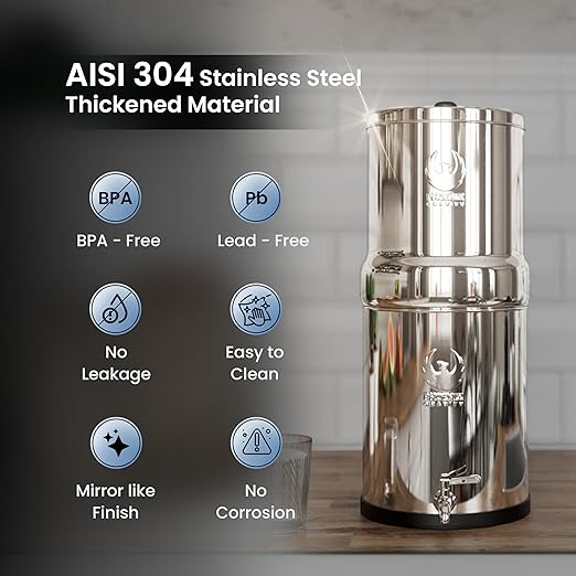 Gravity Water Filter System 2.25 Gallons NSF Certified - AISI 304 Stainless Steel Countertop Water Filtration with 2 Smart (Black) Carbon Filter Elements & Stainless Steel Water Spigot
