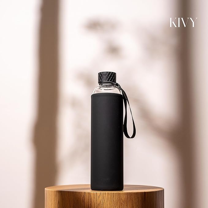 KIVY Glass Water Bottle with Silicone Sleeve 32 oz [WITH MEASUREMENT] - Borosilicate Glass Water Bottle Screw Top - Black Waterbottle Aesthetic - Clear Bottles with Measurement Marking