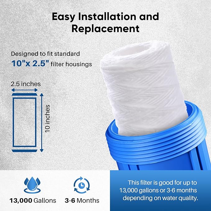 The 5 Micron 10" x 2.5" Whole House String Wound Sediment Filter is ideal for well water purification. It is a replacement cartridge for universal 10-inch RO systems