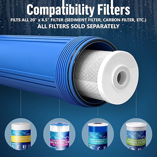 High Capacity 20 x 4.5” Whole House Filter Purifier System for Well or City Water, Presser Relief Button, 1” NPT Brass Port, Double O-Ring, Meets NSF Standards & Regulations (Blue, 1 Set)