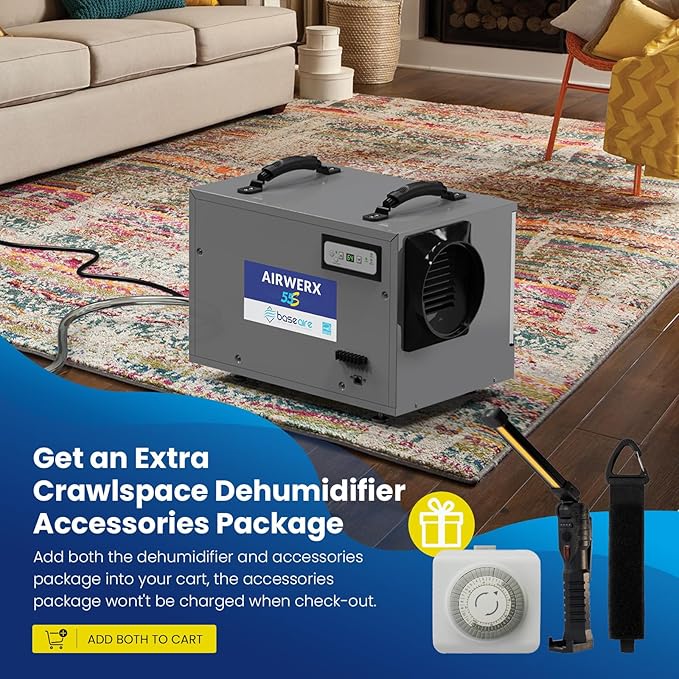 BaseAire 120 Pints Crawl Space Dehumidifier with Drain Hose, Energy Star Dehumidifier for Commercial, Home and Basement, Compact, Auto Defrost, Intelligent Control, Auto Restart, Up to 1300 Sq Ft